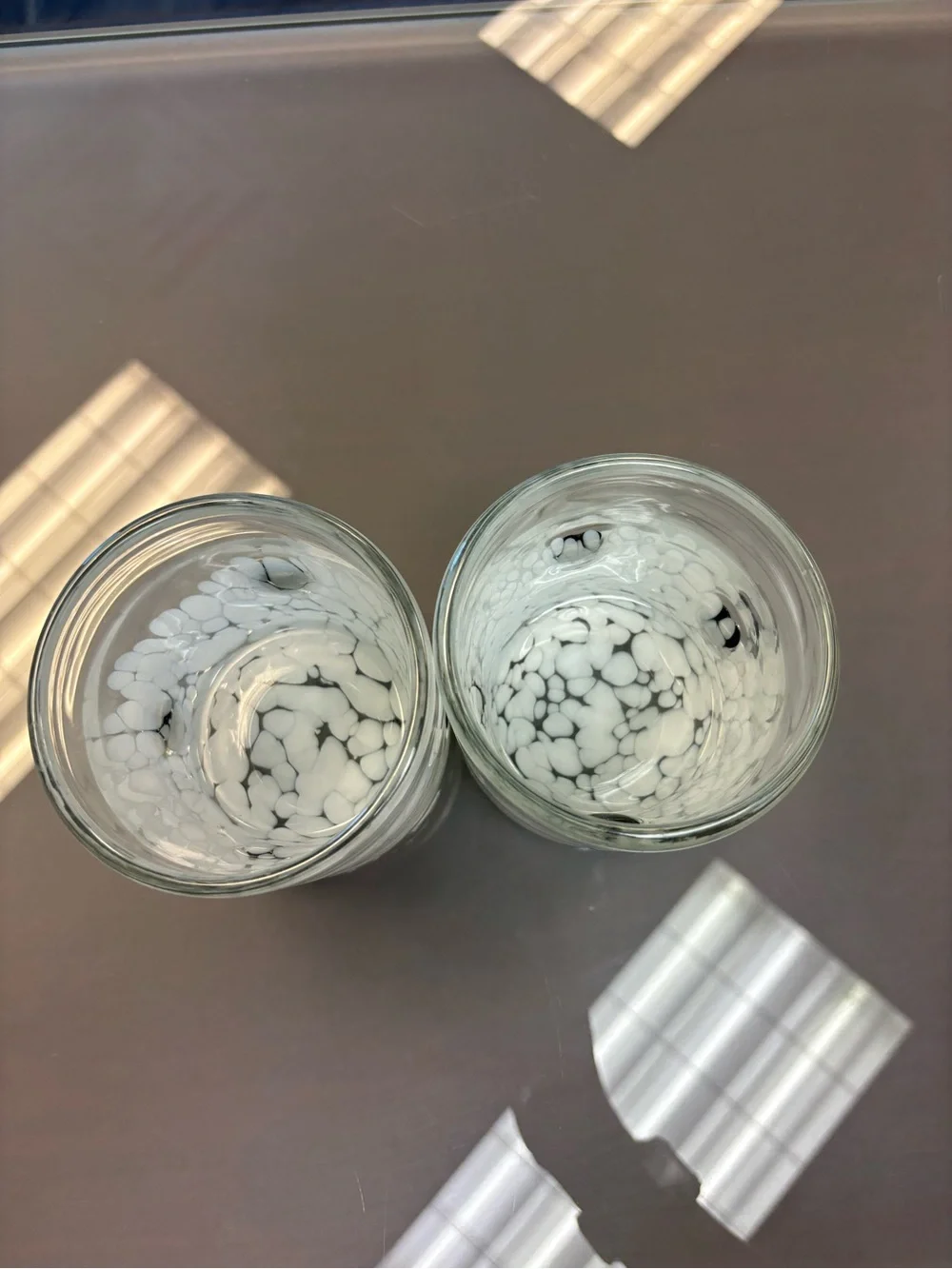 Clear Glass cups with Black Heart Accent - White Speckle